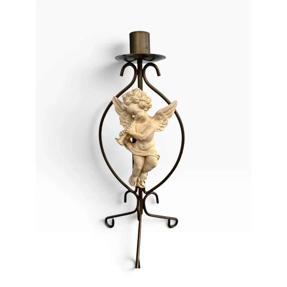 Vintage Musical Cherub Candle Holders x2 Wrought Iron & Resin Angel Candlesticks